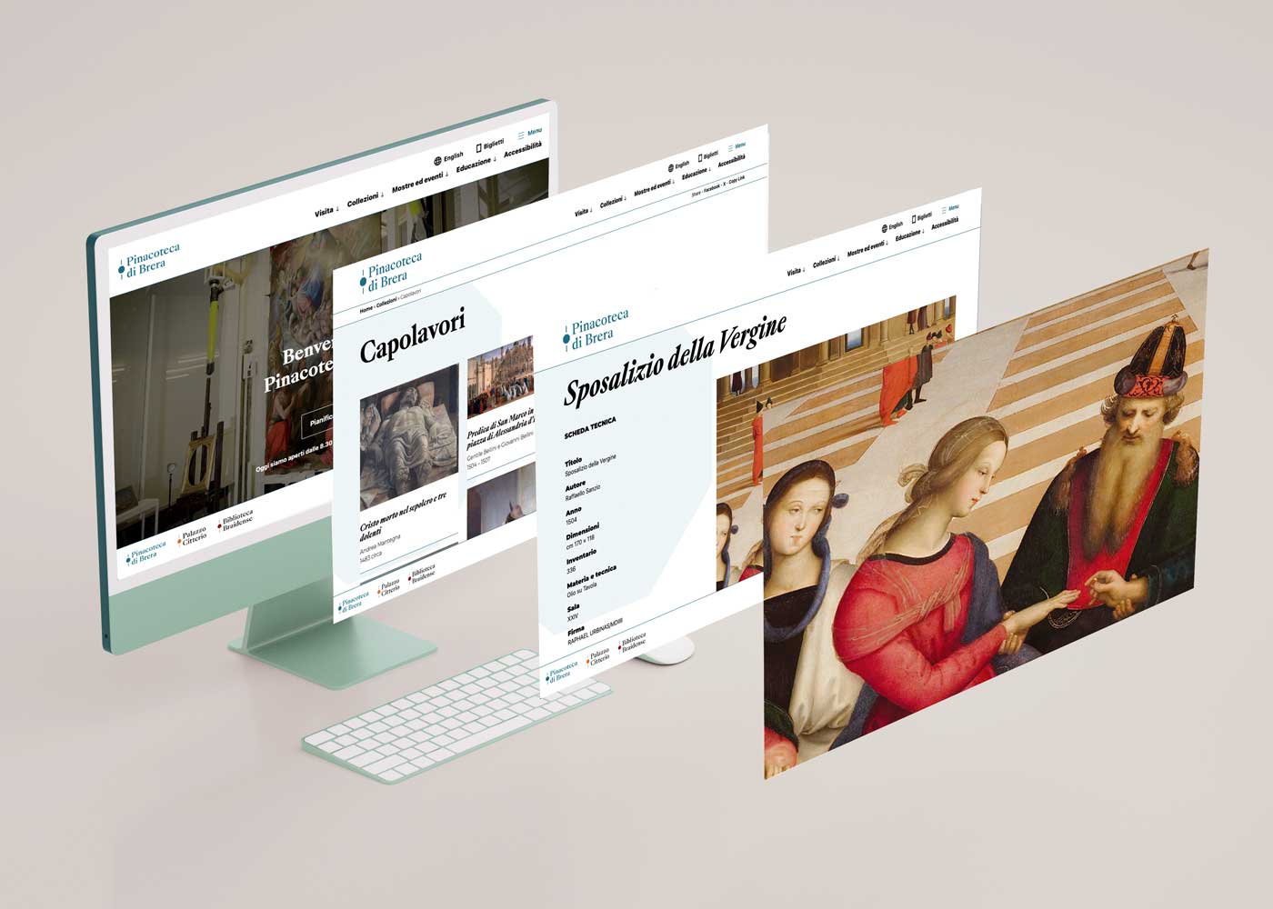 Mockup del sito di Brera con homepage, collezioni e scheda opera