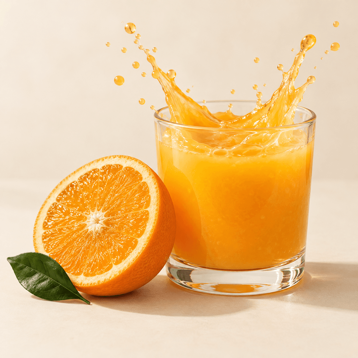 Mezza arancia accanto a un bicchiere di spremuta con uno spruzzo di succo.